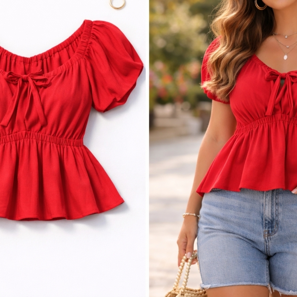 Tie-Front Peplum Blouse in Red - Women's Puff Sleeve Top
